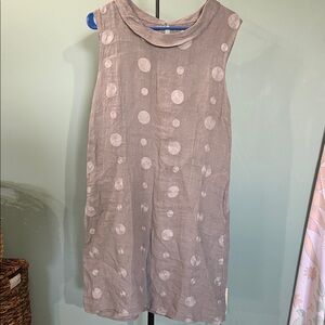 Sleeveless Taupe Linen Polka Dot Shift Dress